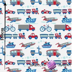 Cotton red & blue vehicles, planes, ships on white backgrounds on white background