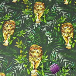 Cotton Tigers with palm leaves on a dark green background
