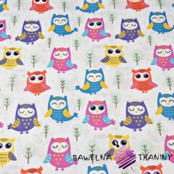 Cotton colorful owls with trees on a white background