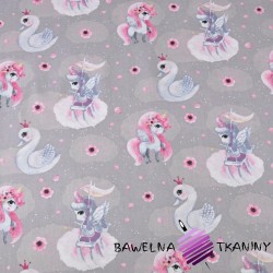 Cotton unicorns with blue-pink swans on gray background