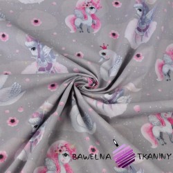 Cotton unicorns with blue-pink swans on gray background