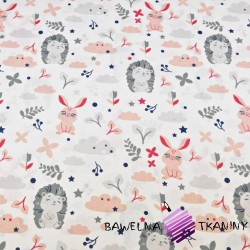Cotton gray hedgehogs with pink rabbits on a white background