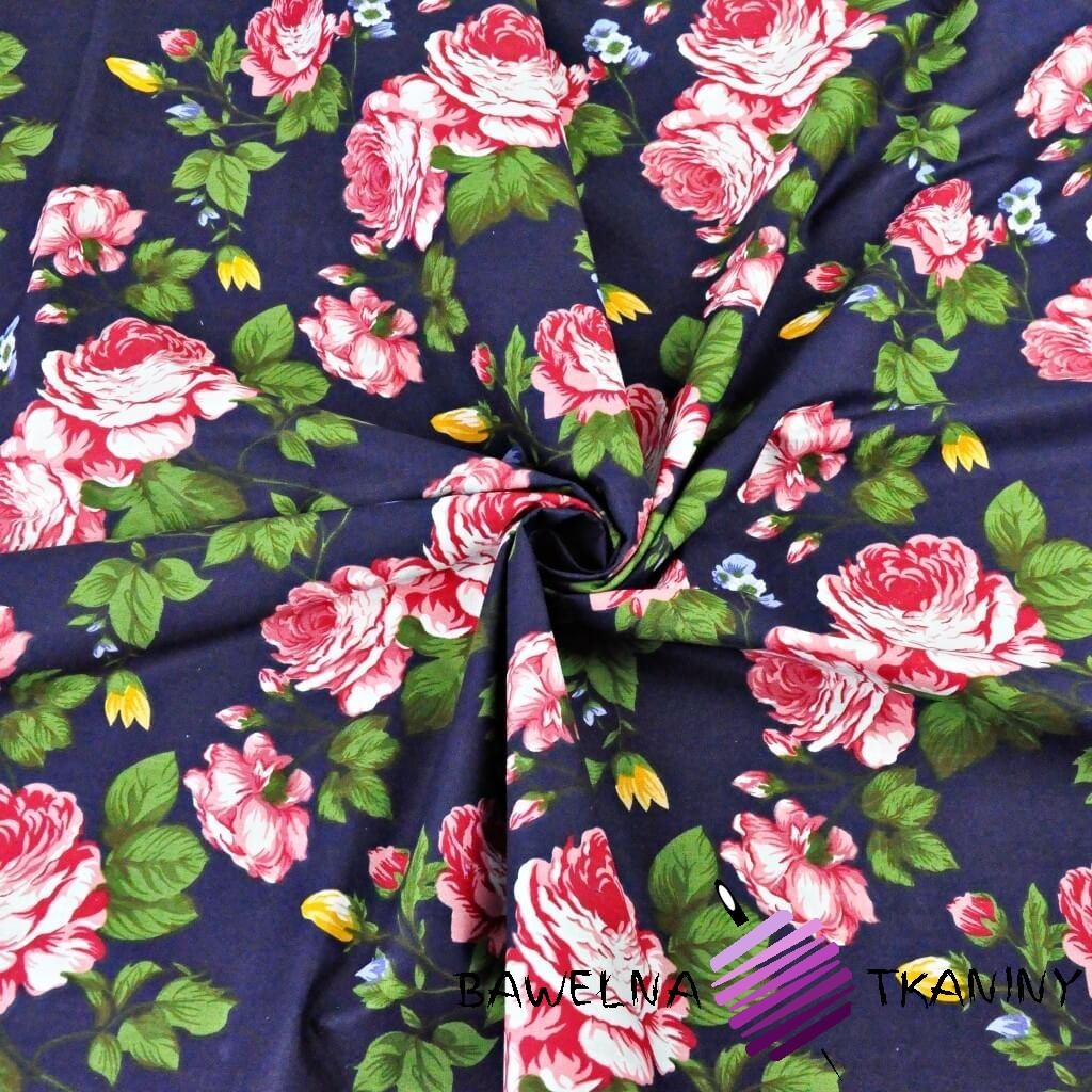 Cotton flowers pink roses on navy background