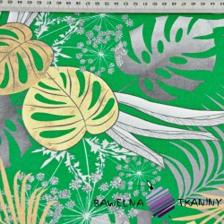 Cotton yellow & gray monstera leaves green background