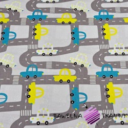 Cotton gray streets with blue & yellow cars on a light gray background