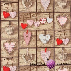 Cotton red hearts on beige board