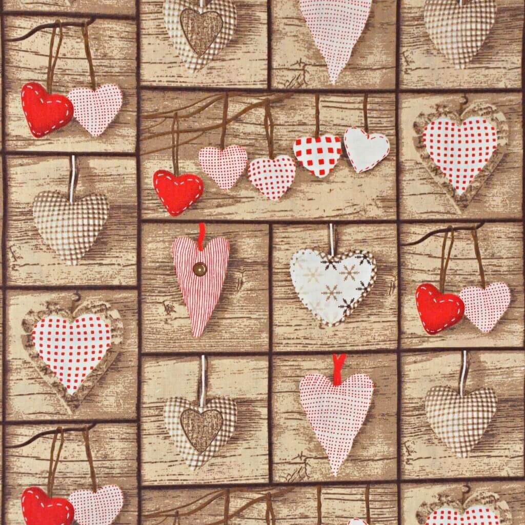 Cotton red hearts on beige board