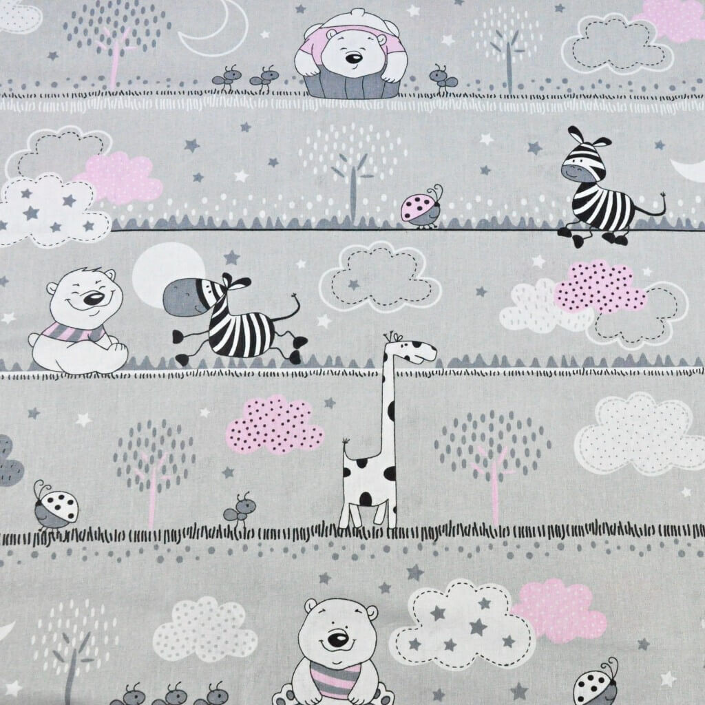 Cotton Teddy bears and pink giraffes in stripes on a gray background