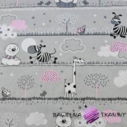 Cotton Teddy bears and pink giraffes in stripes on a gray background
