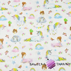 Cotton colourful unicorns with princesses on a white background