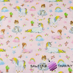 Cotton colourful unicorns with princesses on a pink background