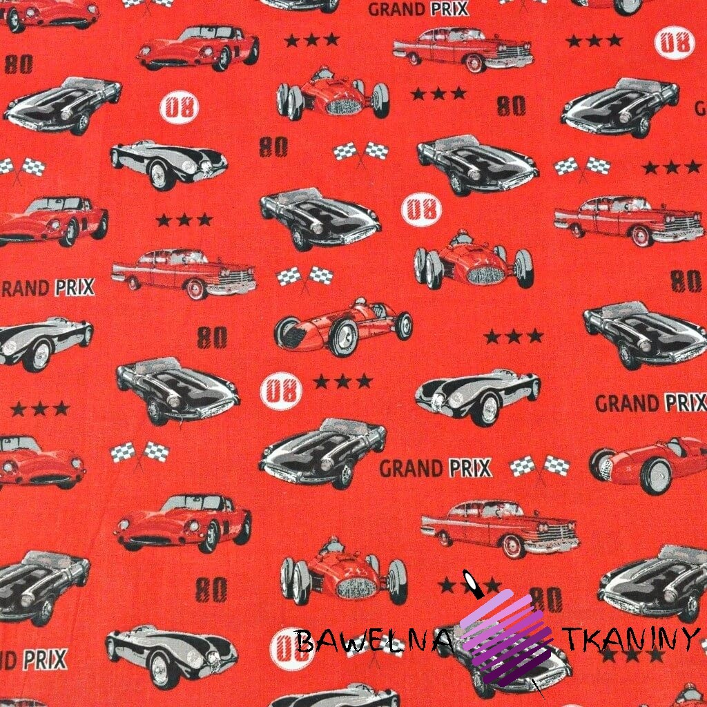 Cotton fabric grand prix cars - red background | fabric shop