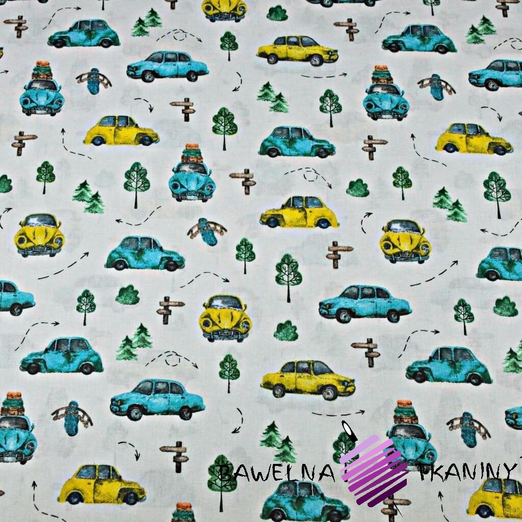 Cotton new beetle turquoise - yellow cars on a gray background