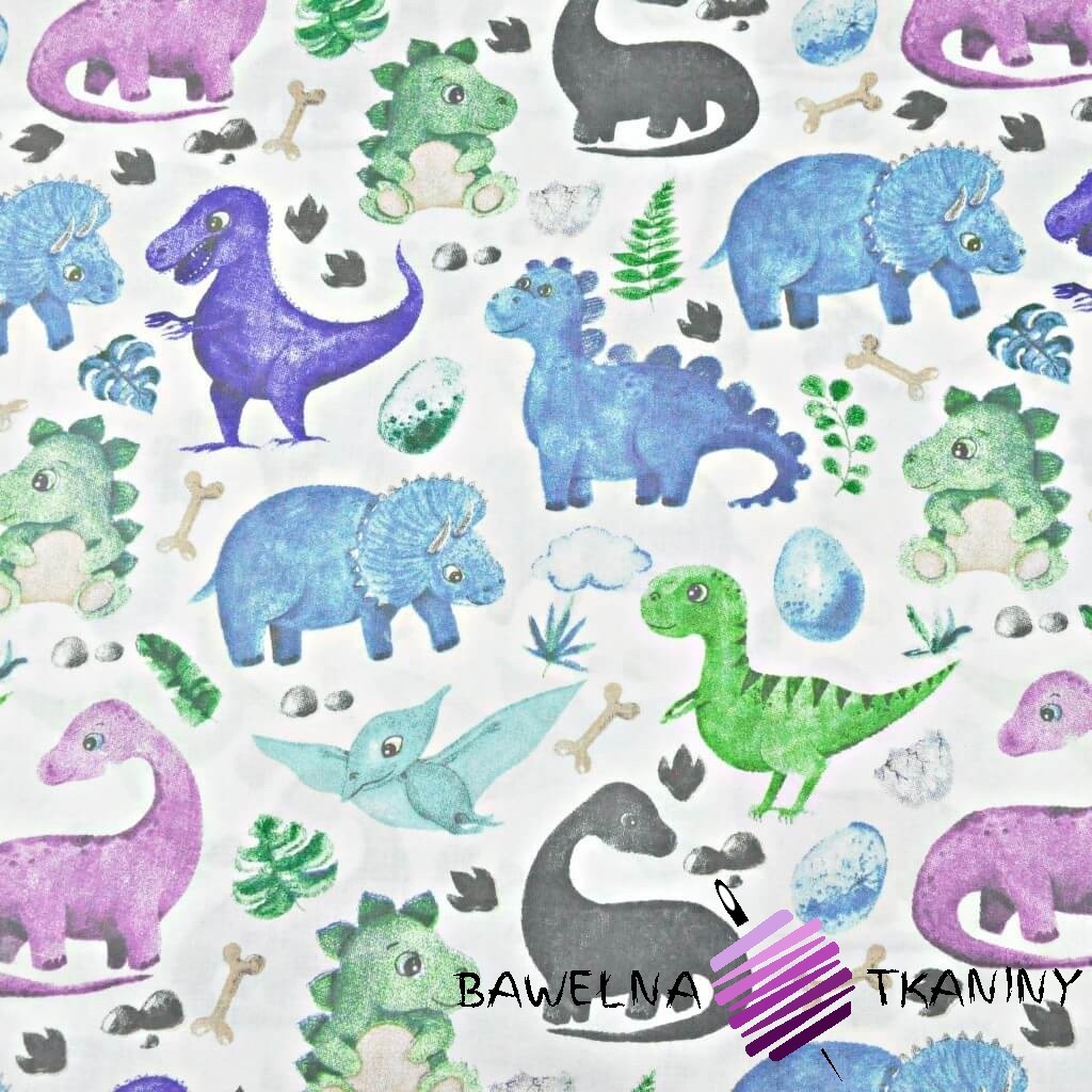 Cotton fabric dinosaurs with palm trees (mint grey ...