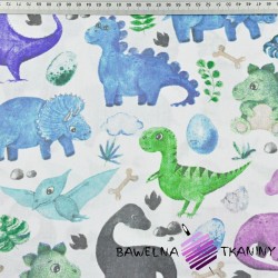 Cotton blue-green dinosaurs with pterodactyl on a white background