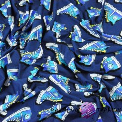 Cotton Jersey knit digital printing of sneakers on a navy blue background