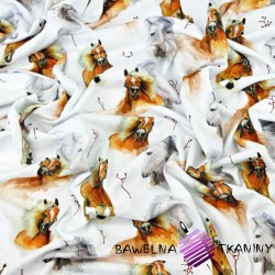Cotton Jersey knit digital printing of brown-gray horses on a white background