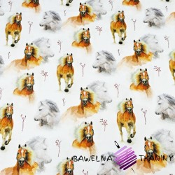 Cotton Jersey knit digital printing of brown-gray horses on a white background