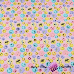 Cotton Jersey knit digital printing of buttons on a pink background