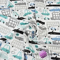 Muslin cotton - gray-turquoise cars on a white background