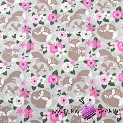 Cotton beige foxes with pink flowers on a gray background