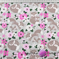 Cotton beige foxes with pink flowers on a gray background