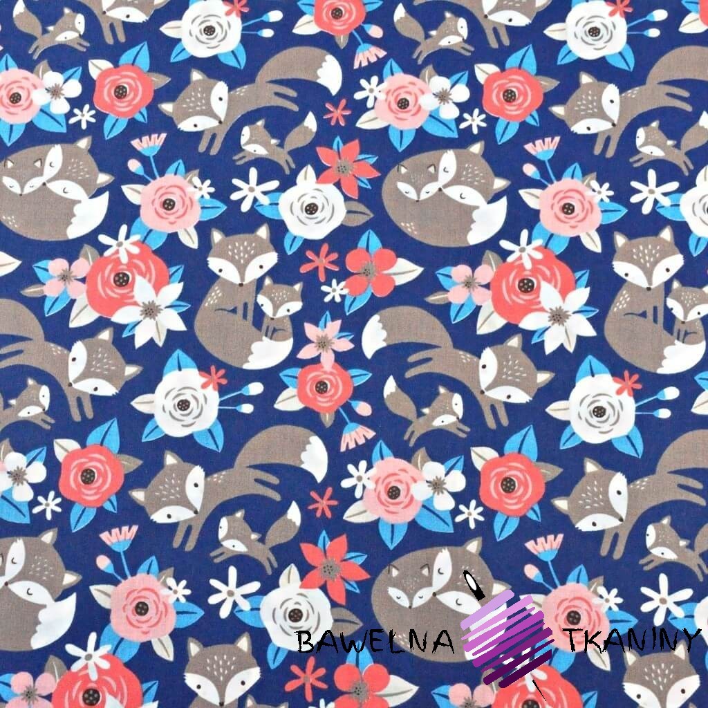 Cotton beige foxes with pink flowers on a navy background