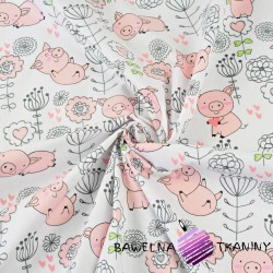 Cotton pink pigs with flowers on a white background