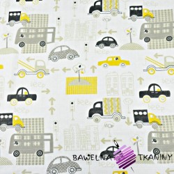 Muślin bawełniany samochody w mieście szaro żółte na białym tle