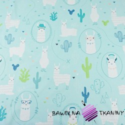 Cotton alpacas in circle on mint background