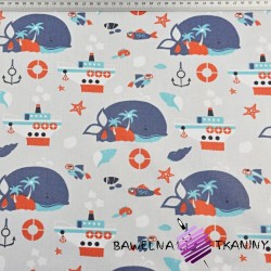 Cotton navy-red whales on a gray background