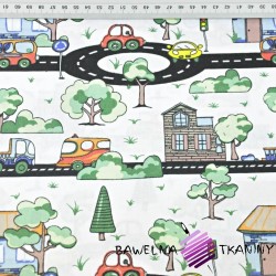 Cotton cars on the streets with trees on a white background