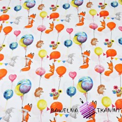 Cotton foxes with colorful balloons on a white background