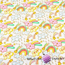 Cotton clouds with a colorful rainbow on a white background