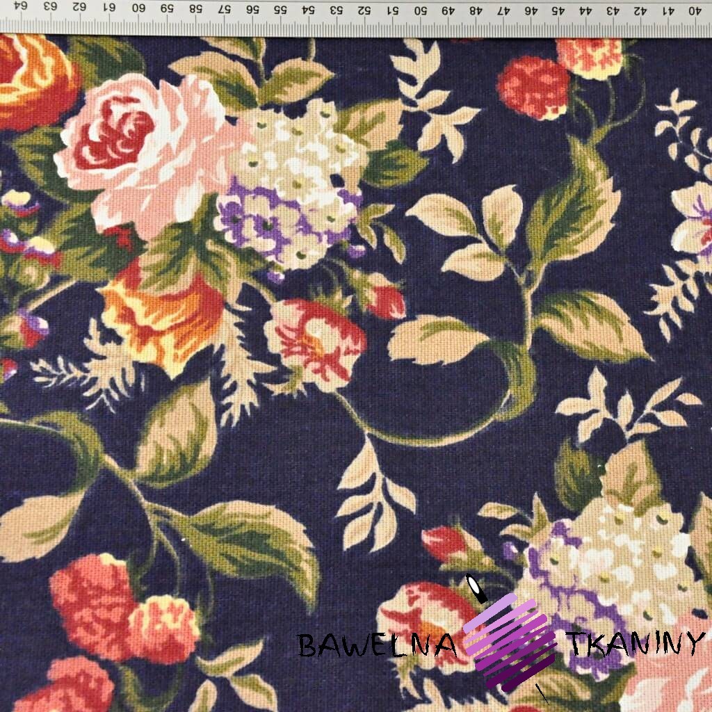Cotton curtain fabric roses on a navy background