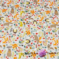 Cotton beige elks with colorful animals on a meadow on a gray background