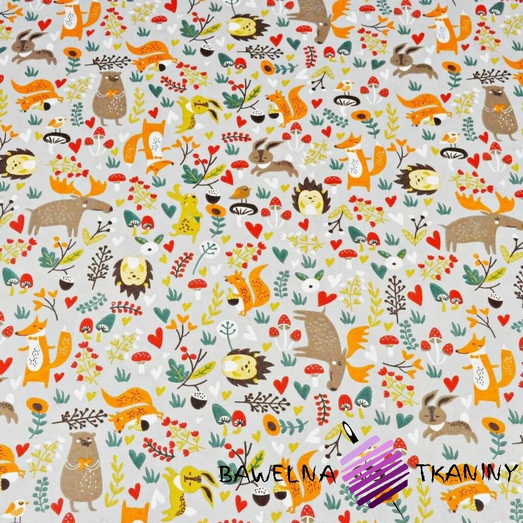 Cotton beige elks with colorful animals on a meadow on a gray background