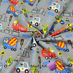 Cotton animals on colored vehicles on a dark gray background