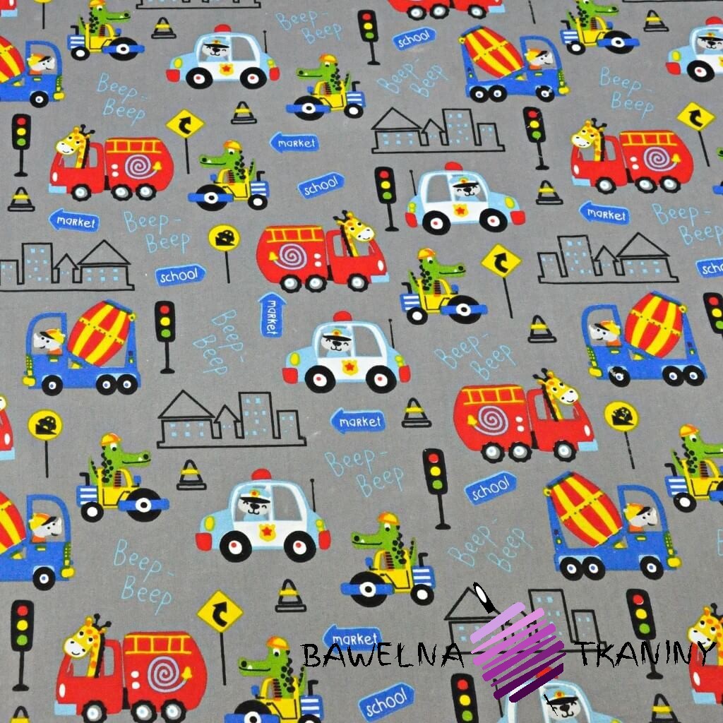 Cotton animals on colored vehicles on a dark gray background