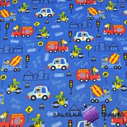 Cotton animals on colored vehicles on a sapphire background