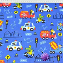 Cotton animals on colored vehicles on a sapphire background