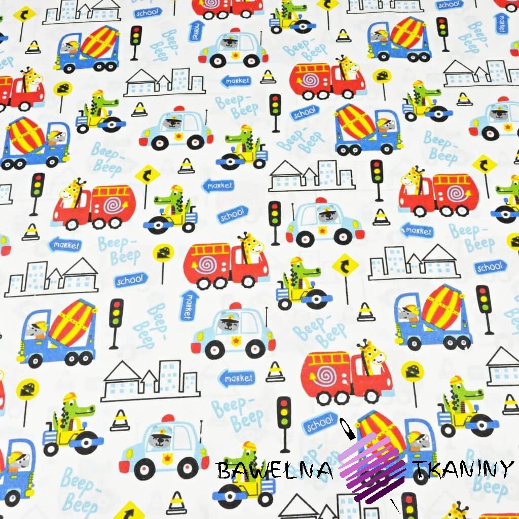 Cotton animals on colored vehicles on a white background
