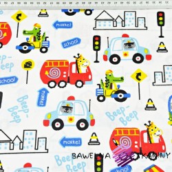 Cotton animals on colored vehicles on a white background