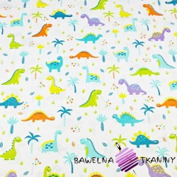 Cotton orange-purple dinosaurs with palms on a white background