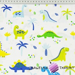 Cotton blue-green dinosaurs with palms on a white background
