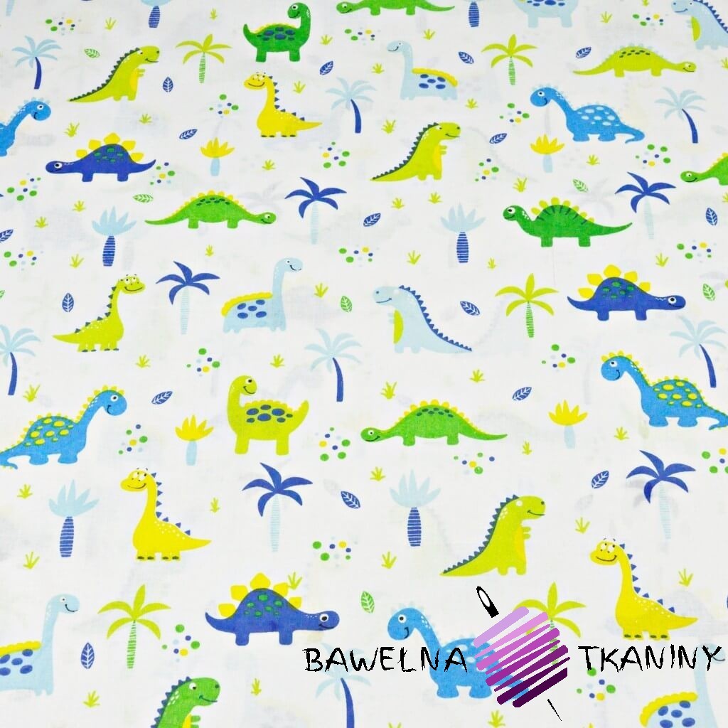 Cotton blue-green dinosaurs with palms on a white background
