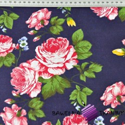 Cotton flowers pink roses on a navy blue background - 220cm