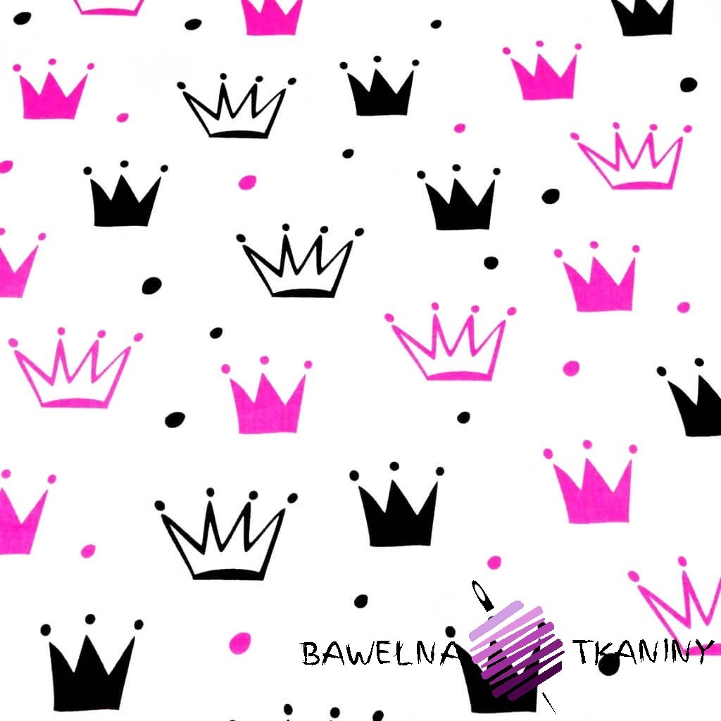Cotton pink & black crowns with dots on white background