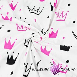 Cotton pink & black crowns with dots on white background