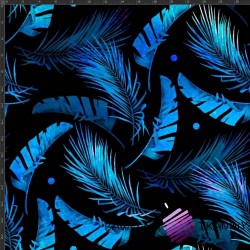 Looped knit digital print - blue leaves on a black background